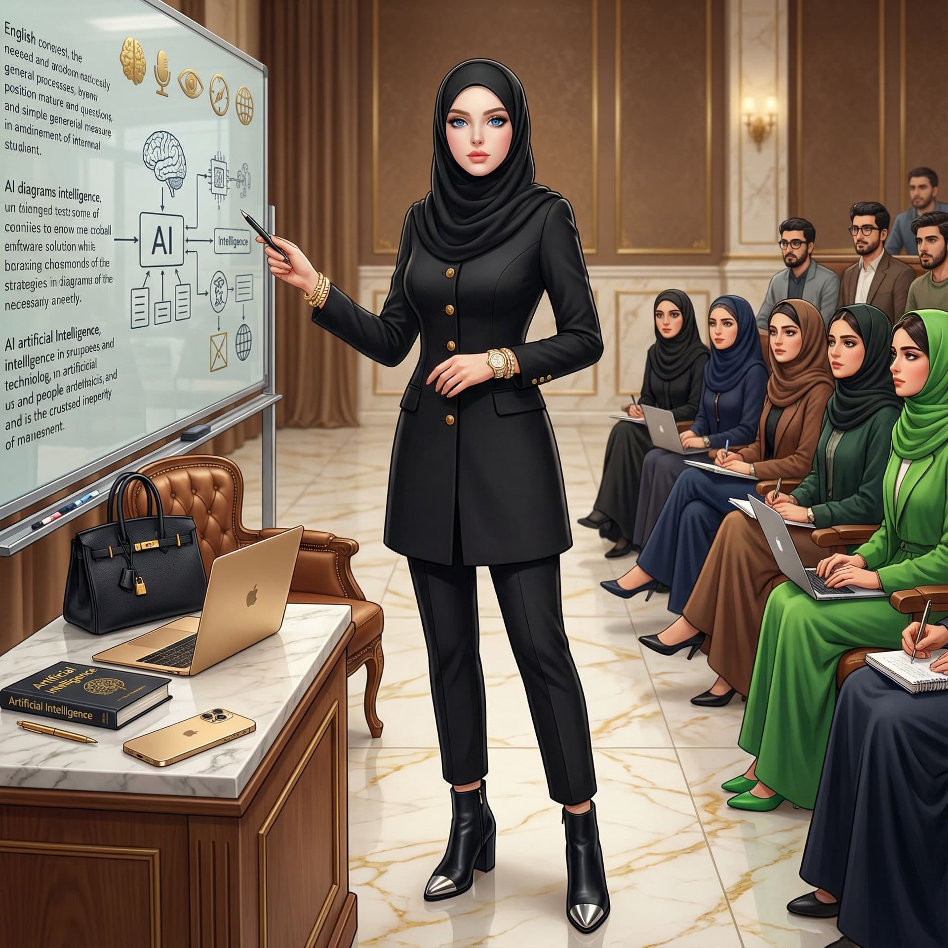 AI generated: 👩‍🏫 استاد:
قد بلند
اندام لاغر، با سینه‌های بزرگ و برجسته وباسن  کمی بزرگ وبرجسته
کمر باریک
پوست سف...