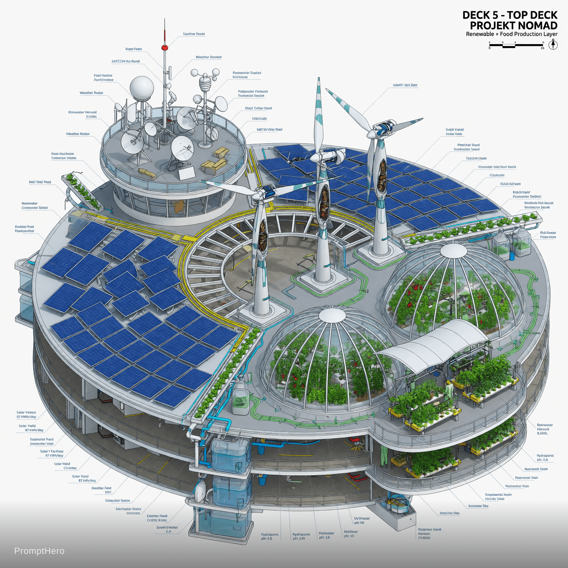 AI generated: Highly detailed technical cutaway isometric view of Deck 5 (Top Deck) of Projekt Nomad, clean engine...