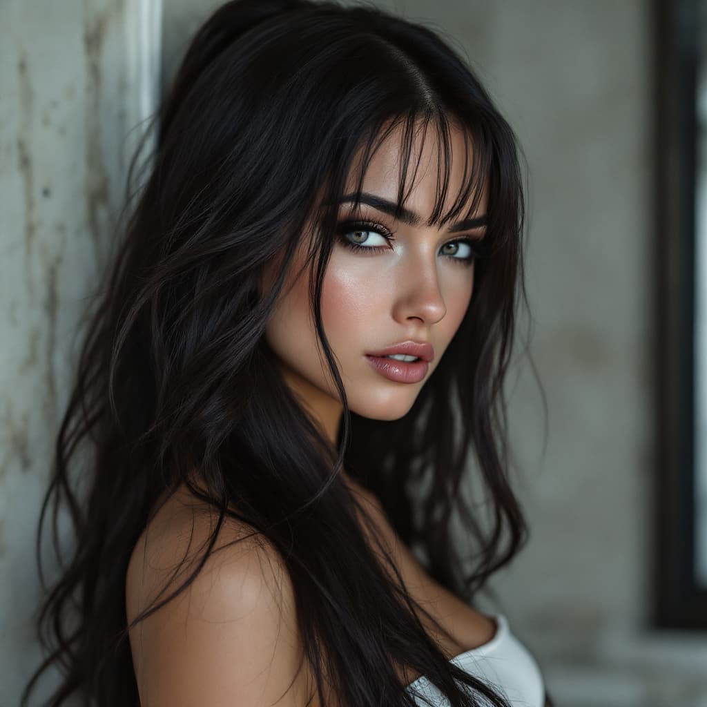 AI generated:  Blowout Long Dark Hair, perfecct face, Skinny body, abs, detailled face, white latex, form-fitting,...