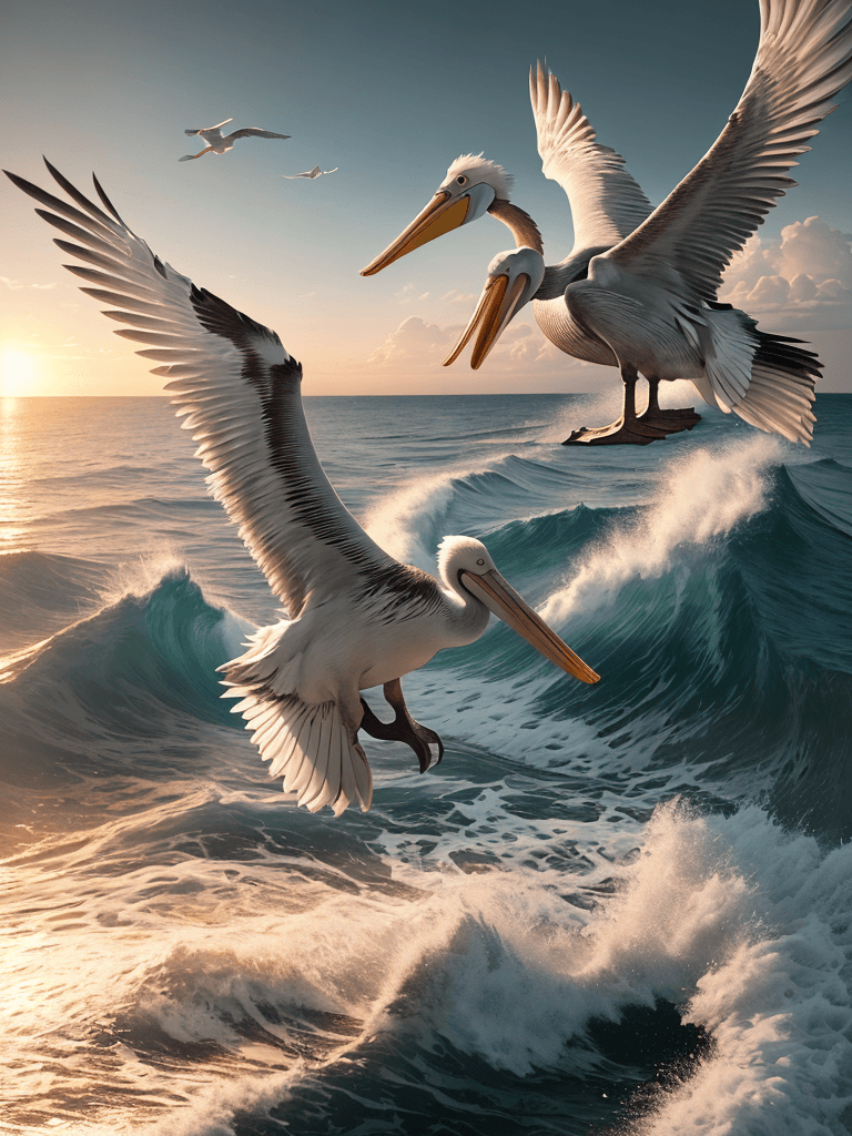 AI generated: Photo of a ultra realistic pelican flying over sea, dramatic light, pale sunrise, cinematic lighting...