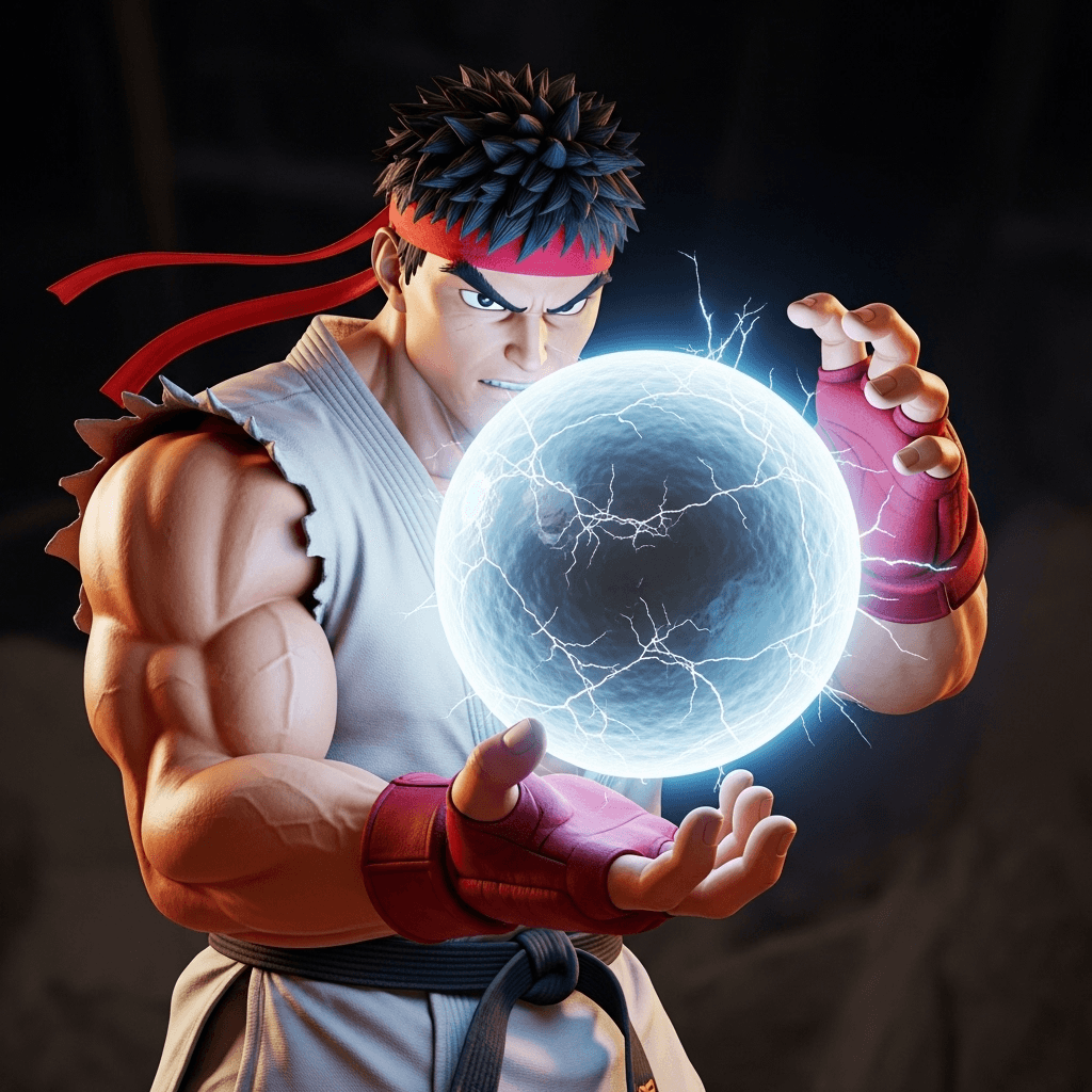 AI generated: high resolution 4k ryu street fighter forming an energy ball Hadouken he's about to throw, there sho...