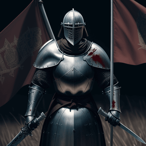 AI generated: a medieval knight, holding long sword, blood in sword, dark image, battle field, flag, mighty, close...
