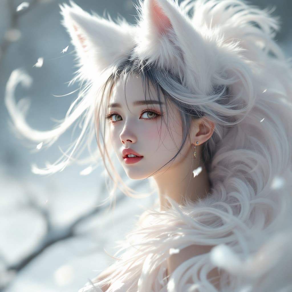AI generated: fluffy nine-tailed fox girl by Wlop and Guweiz, Hyper-realistic, photography, real, professional, 8k...