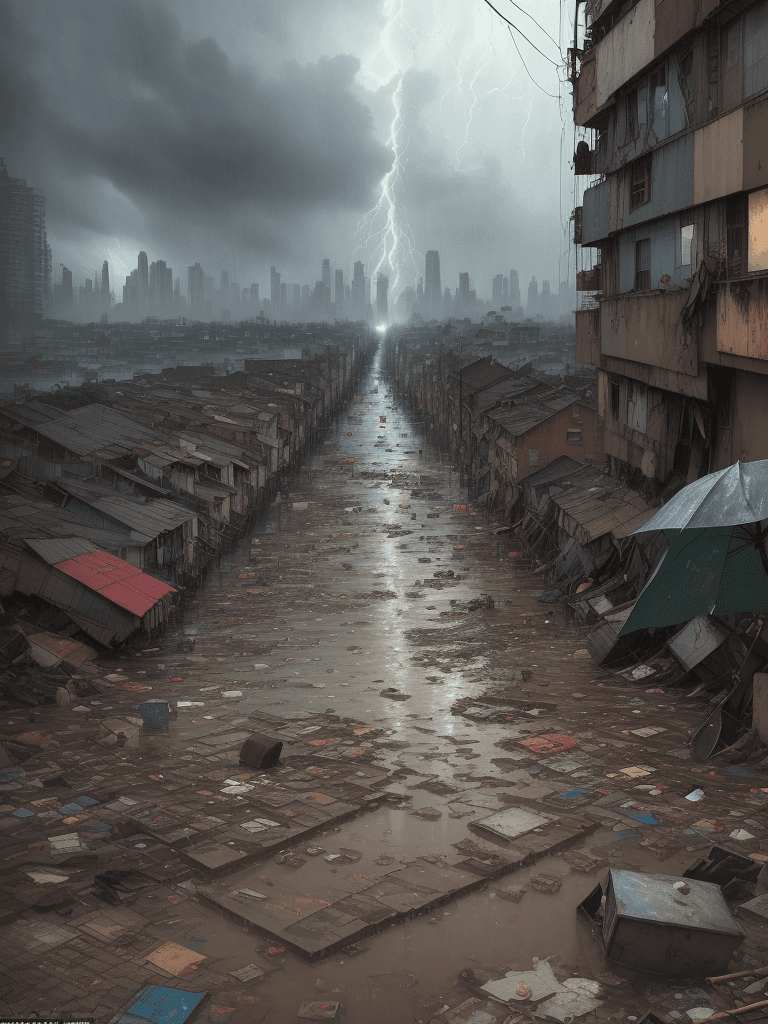 AI generated: A heavy storm and flooding of a slum corner,iconic album covers,flood,
rain,typhon,
litter,intricate...