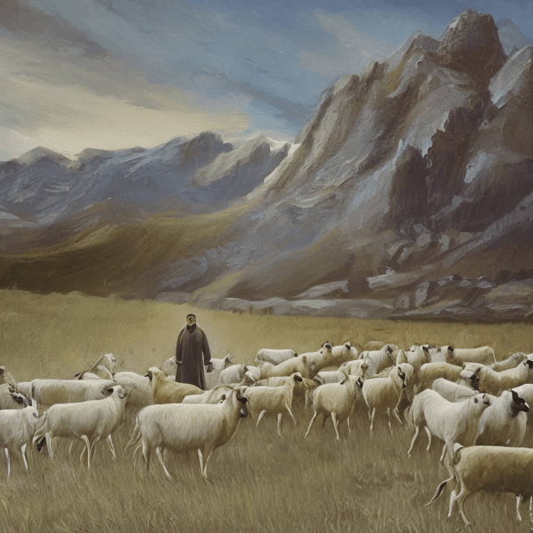 AI generated: Lovecraftian shepherd standing in a field surrounded by a flock of giant goats. Fantasy art. beautif...