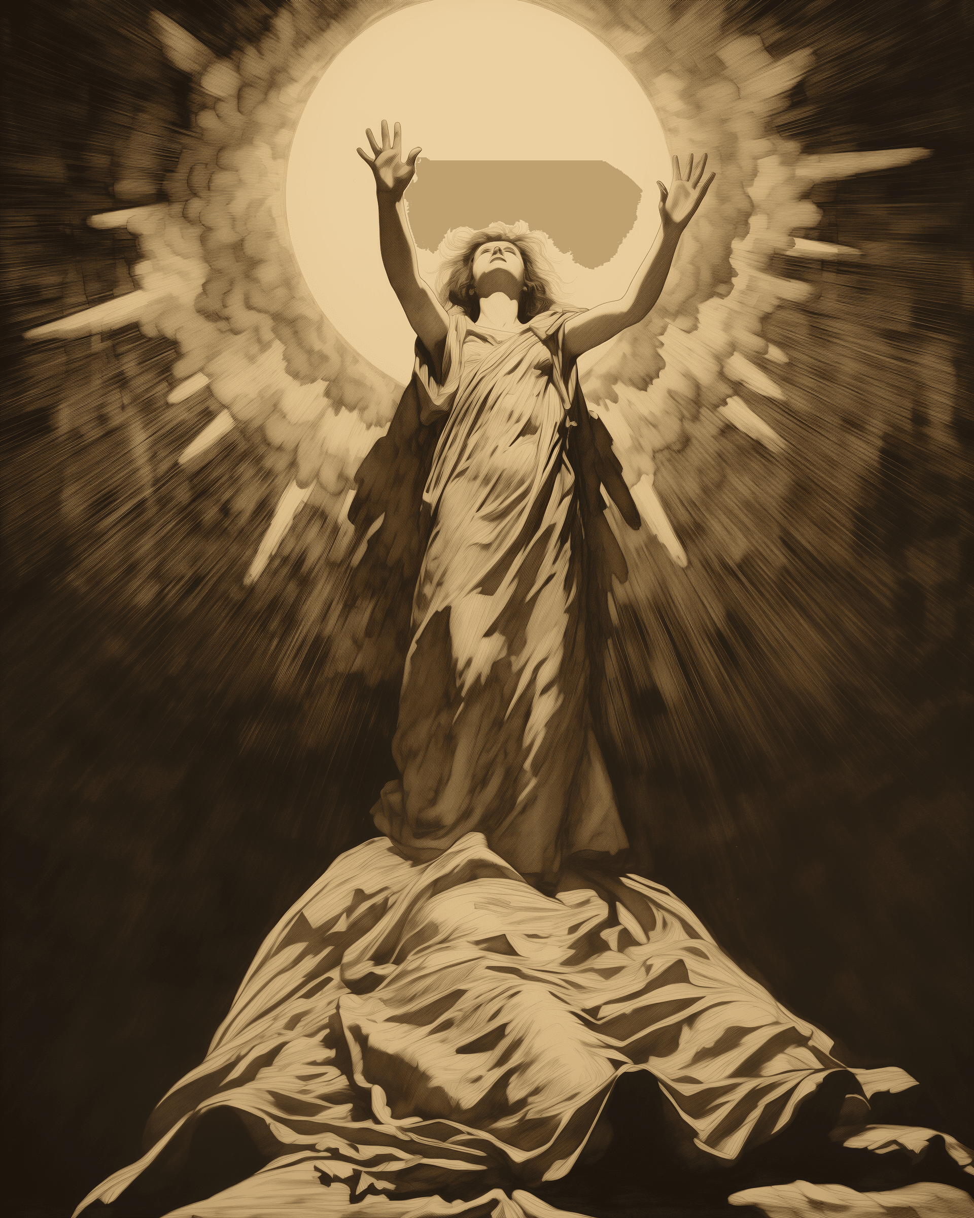 AI generated: A sepia drawing of an angel in bed, surrounded by people standing around the footboard and looking u...