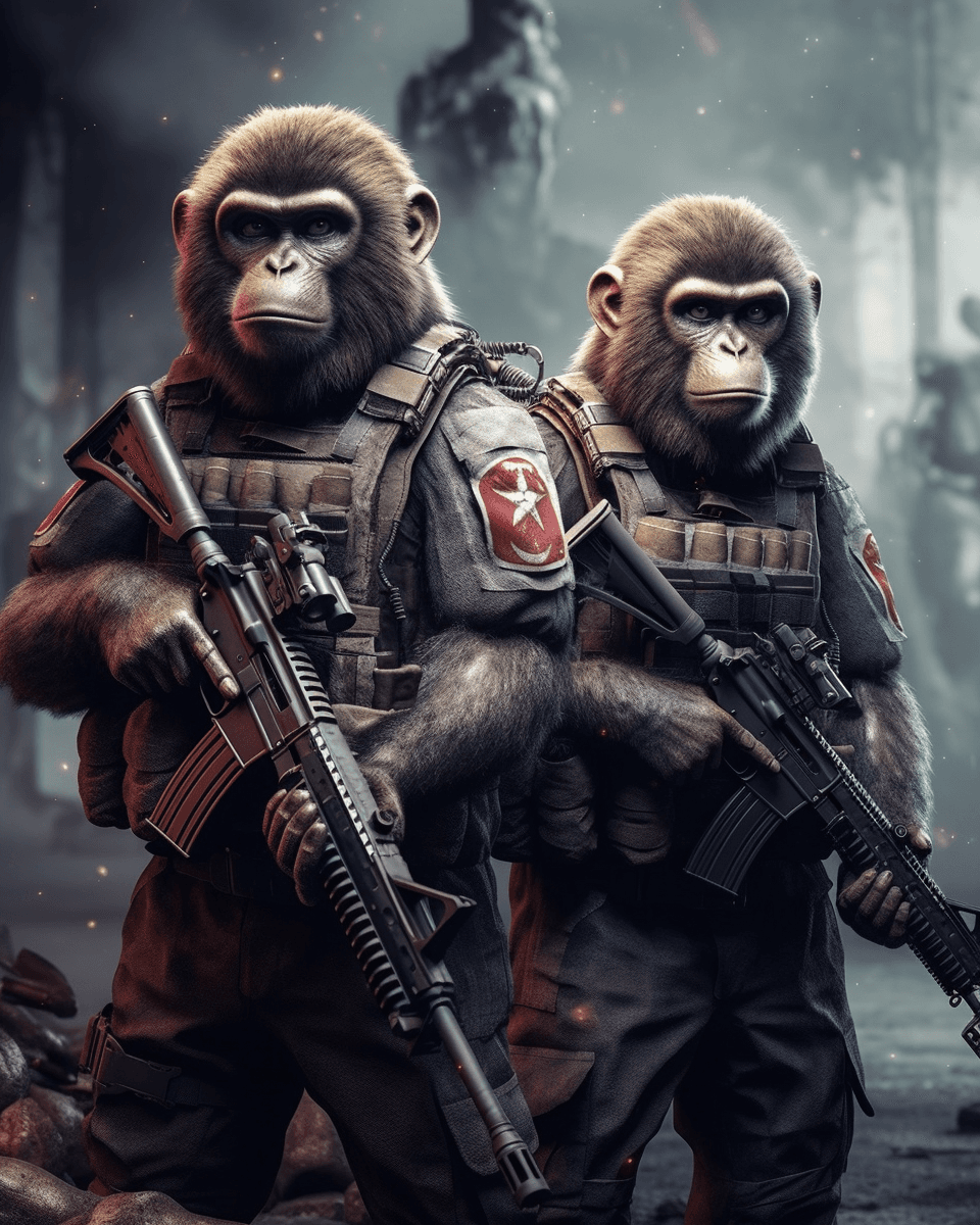 AI generated: Monkeys in military uniform, with Kalashnikov assault rifles, with flags, military equipment on the ...