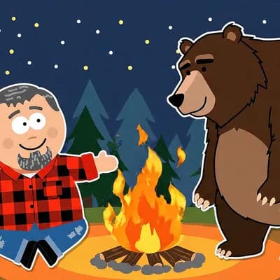 AI generated video: In the style of South Park A bearded man in a flannel shirt and weathered jeans sits cross-legged be...