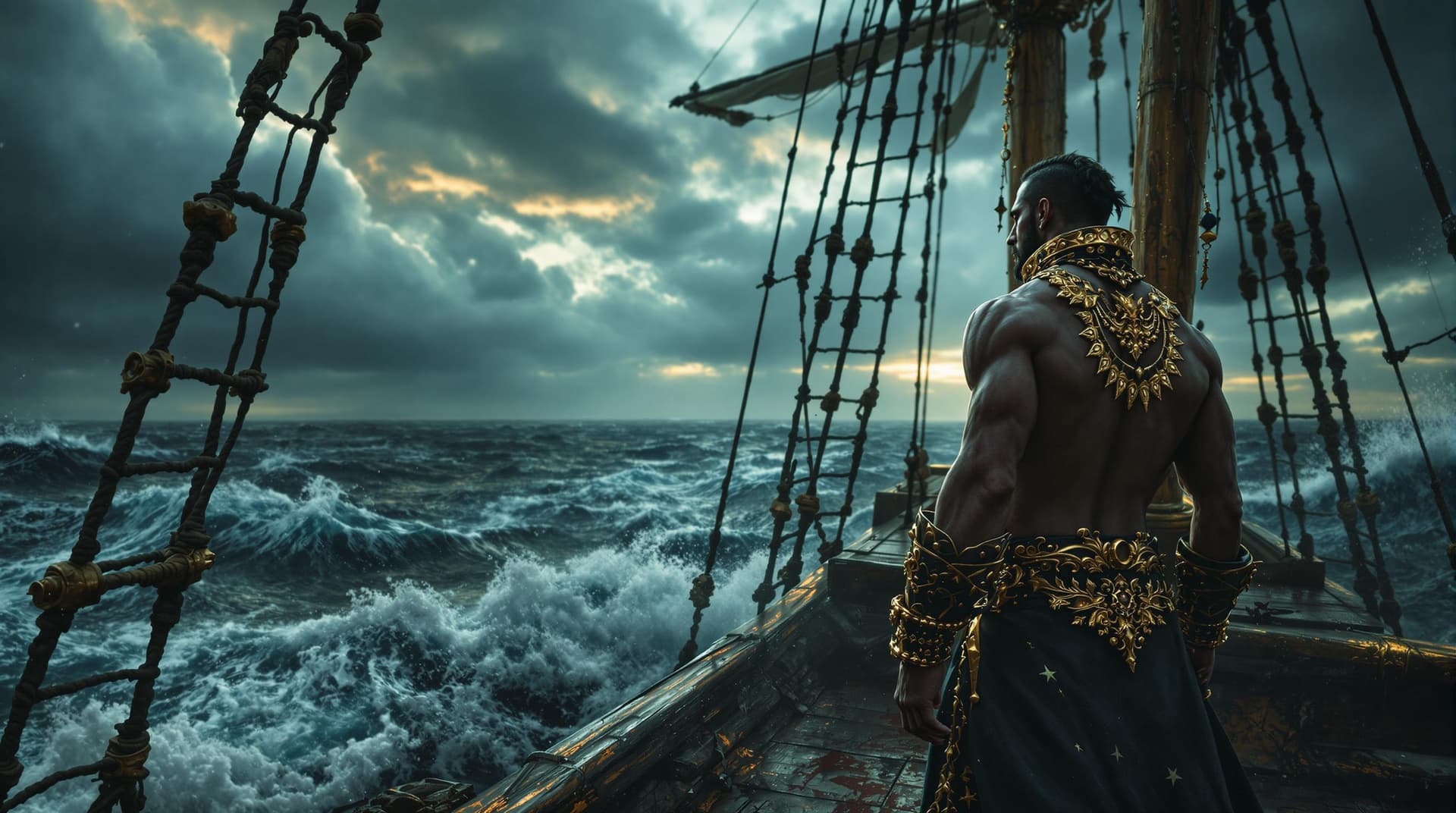 AI generated: In the heart of a storm-tossed sea, the mysterious pirate stands on the ancient deck of a large weat...