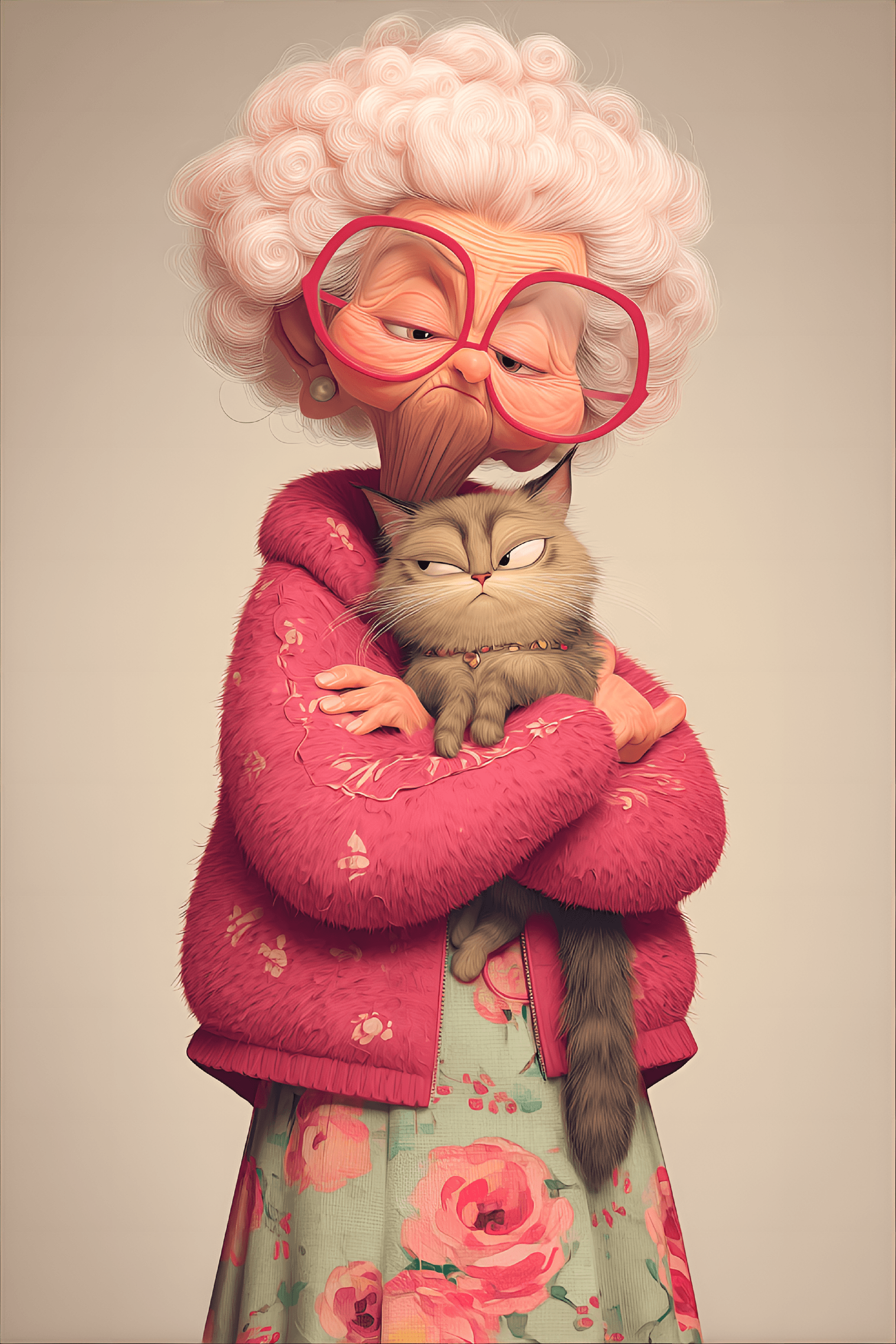 AI generated: funny caricature, elderly lady with cat caricature, elderly caucasian female, 80 years old, pink hai...