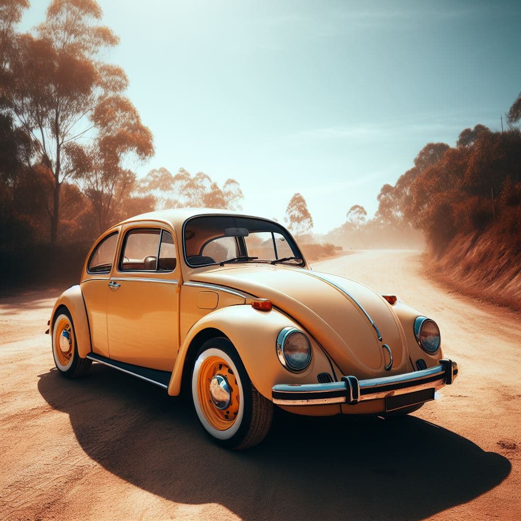 AI generated: Um fusca 1974 amarelo recém lavado e encerado com pneus faixa branca, parado em uma estrada empoeira...