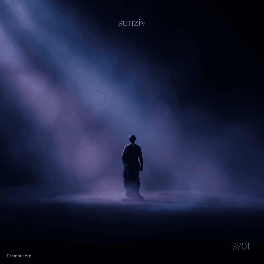 AI generated: cinematic melodic techno album cover, deep black with blue and violet gradients::2, soft glowing lig...