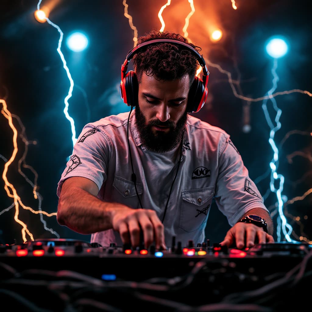AI generated: dj hombre parado a espaldas con auriculares, manejando consola de sonidos
enfrentado a una tormenta ...