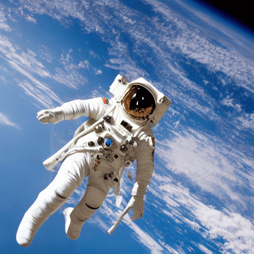 AI generated: photograph of astronaut, spacewalk, dark blue sky, stars edge of spaceship
