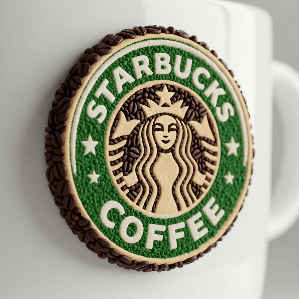 AI generated: "Starbucks logo made from coffee beans and foam in ultra-realistic 3D, on a white ceramic background...