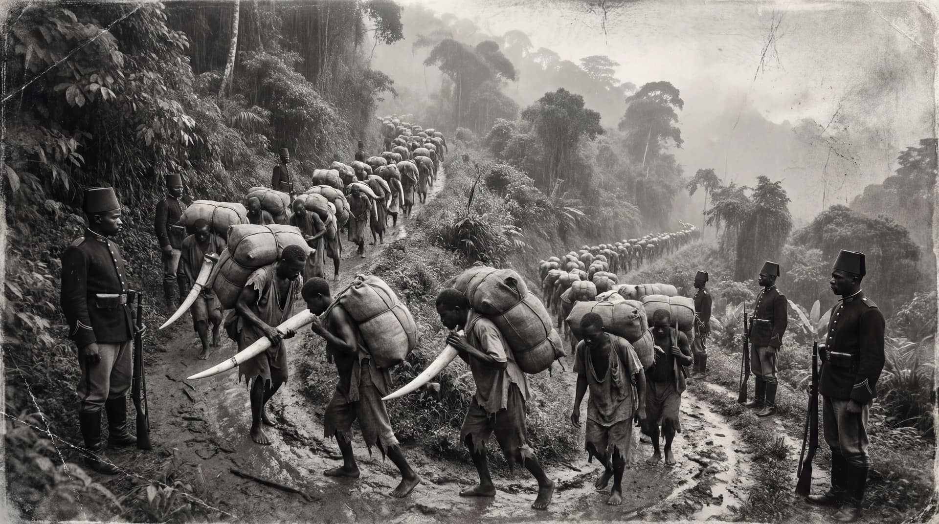 AI generated: Realistic Photograph A powerful wide-angle historical scene of a 'caravane' of hundreds of Congolese...