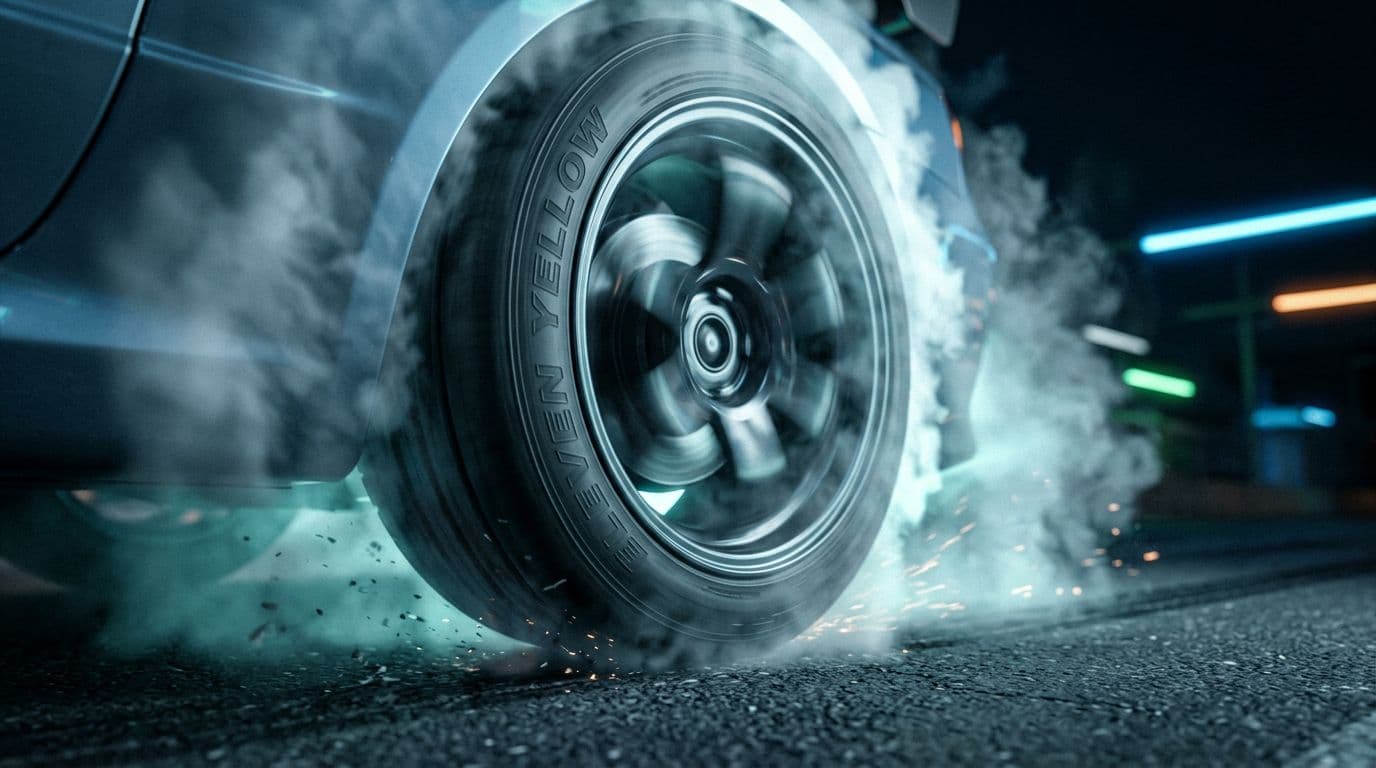 AI generated: cinematic close-up of a high performance racing tire spinning at extreme speed, dramatic burnout, th...