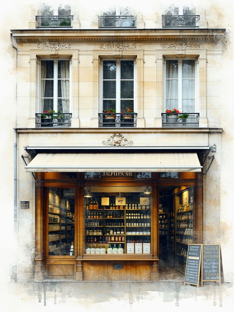 AI generated: Paris 1880, hyperrealistic illustration, a facade of a little shop, front view, elevation, in faded ...