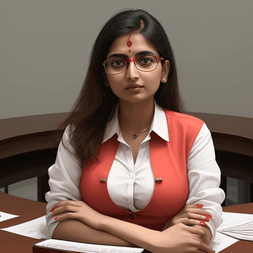 AI generated: An indian office female secretary with all the shirt button  red bra visible , sitting in a round ta...