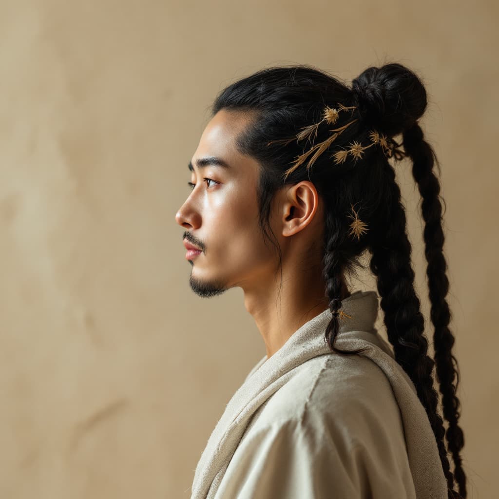 AI generated: Profile portrait of a fair-skinned East Asian man with long dark hair tied in a loose topknot, featu...