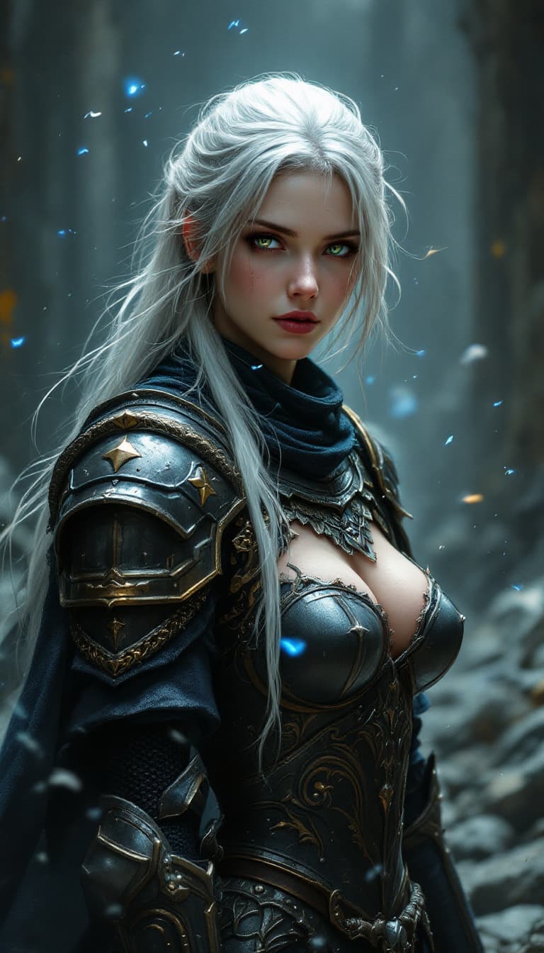 AI generated: Dynamic angle, full-body view, realistic, female knight, long hair, armored, pelvic curtain, Dark So...