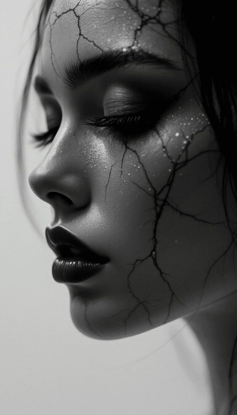 AI generated: a high‑contrast monochrome portrait of a haunting woman with delicate marble fissures on her skin, e...