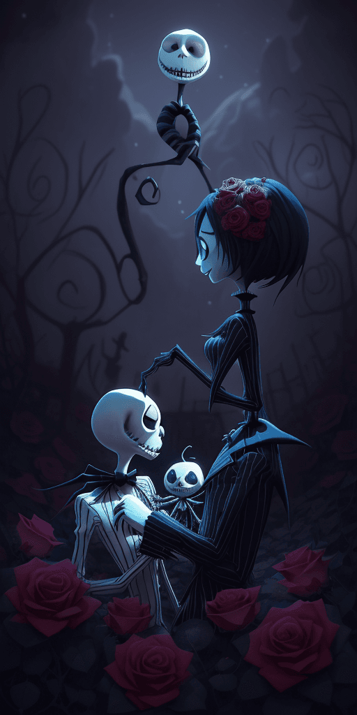 AI generated: **The Nightmare Before Valentines Day, Jack Skellington and Sally showing affection, glowing hearts,...