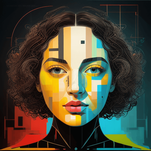 AI generated: female face with curly thick hair, geometric abstract portrait, bright vibrant colorful, gritty, cyb...