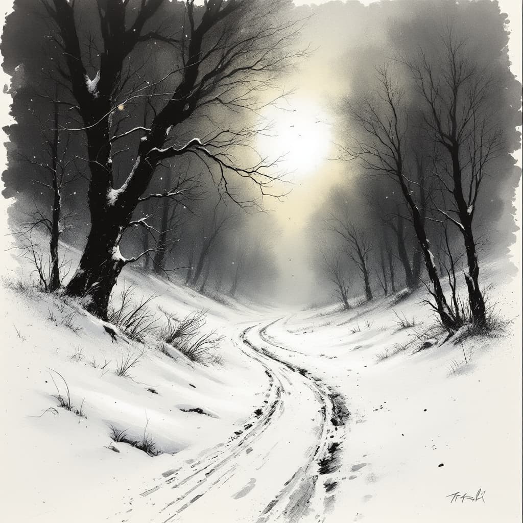AI generated: a wet ink + charcoal sketch illustration of chilly wind howling in winter, low sunlight, howl, wind ...