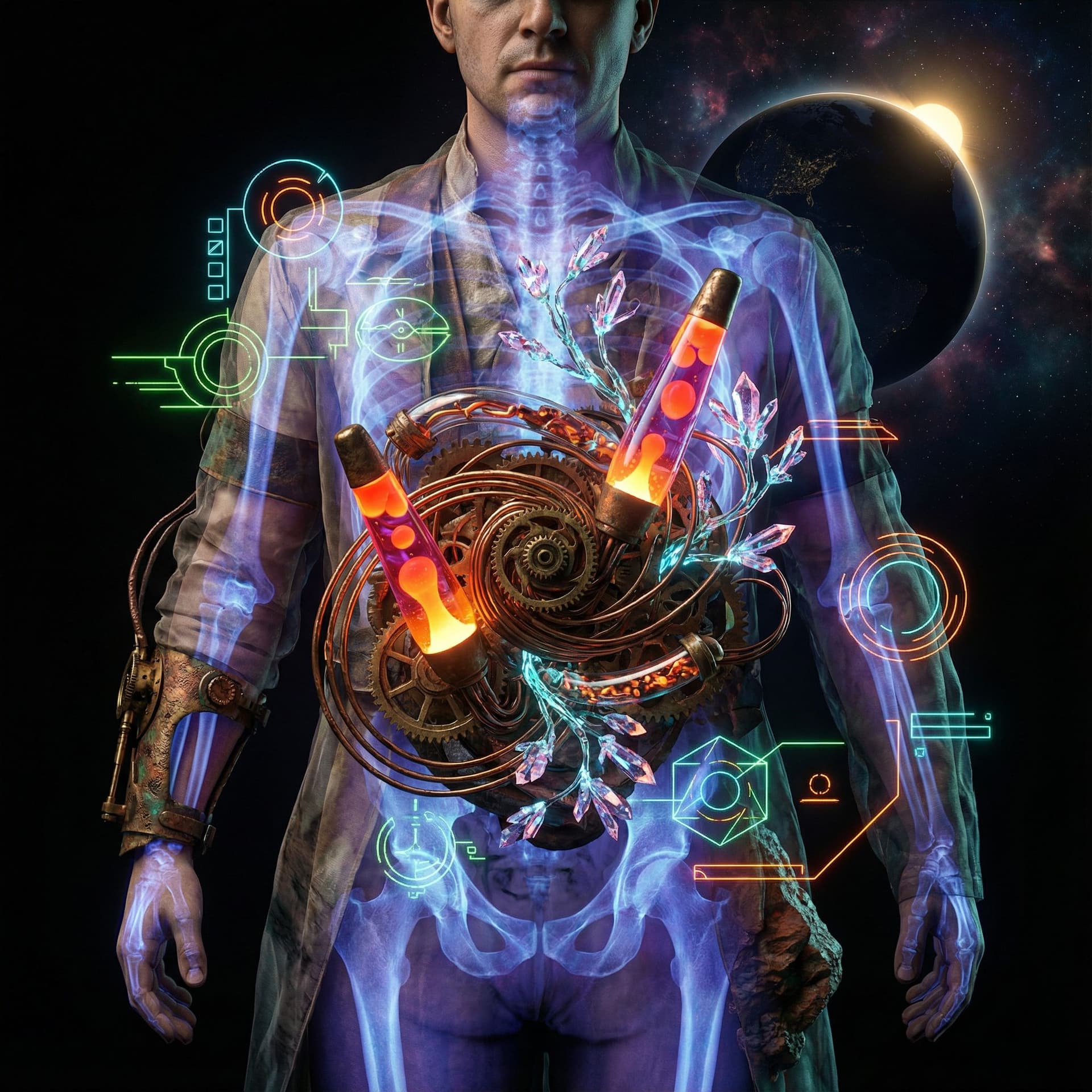 AI generated:  A full-length steampunk portrait with a double exposure effect, combining spectral X-ray imagery wi...