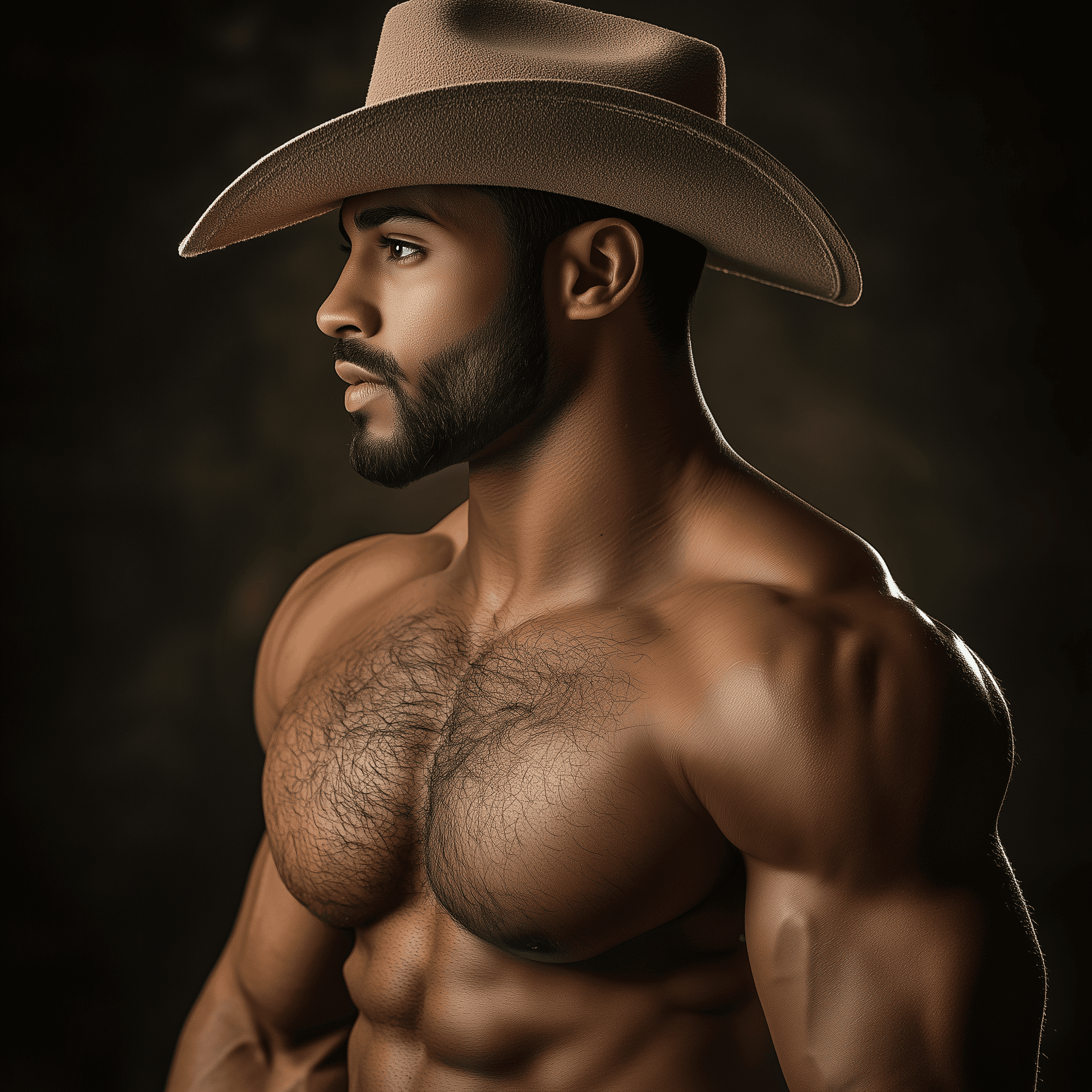 AI generated: A portrait of an attractive, muscular Middle Eastern man wearing a white tank top and cowboy hat, wi...
