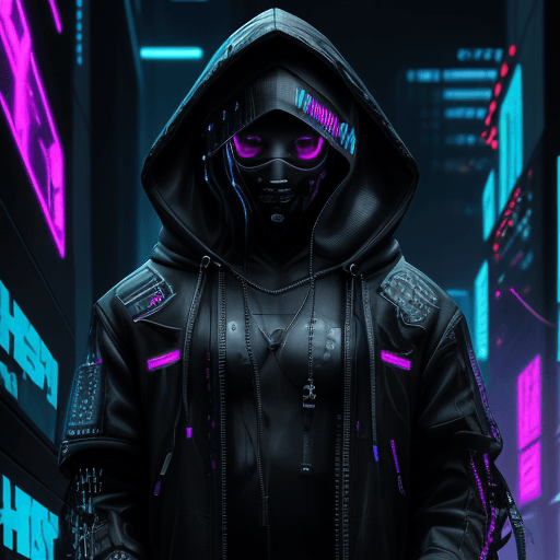 AI generated: Hyperrealistic full-length portrait of a futuristic hooded male cyberpunk hacker | in a neon-lit cyb...