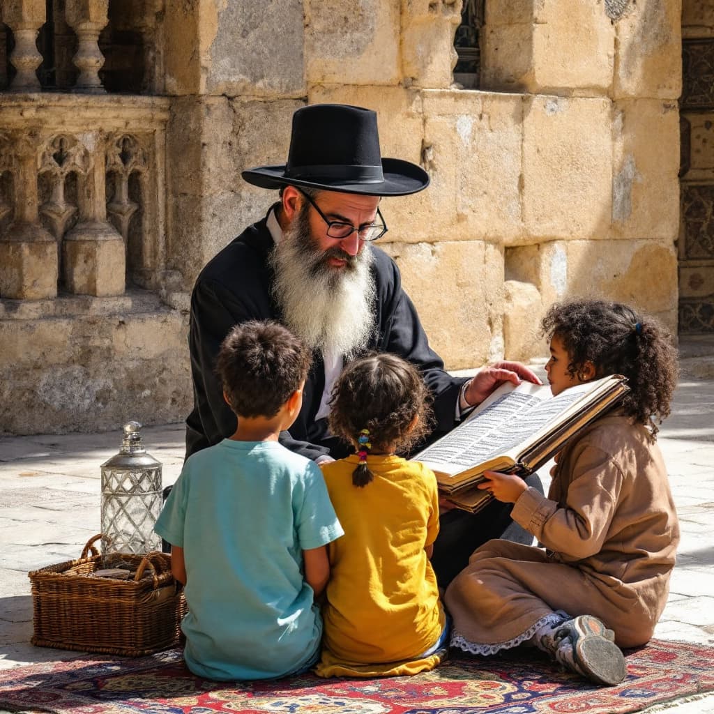 AI generated: Rabbi teaching children Torah in Jerusalem