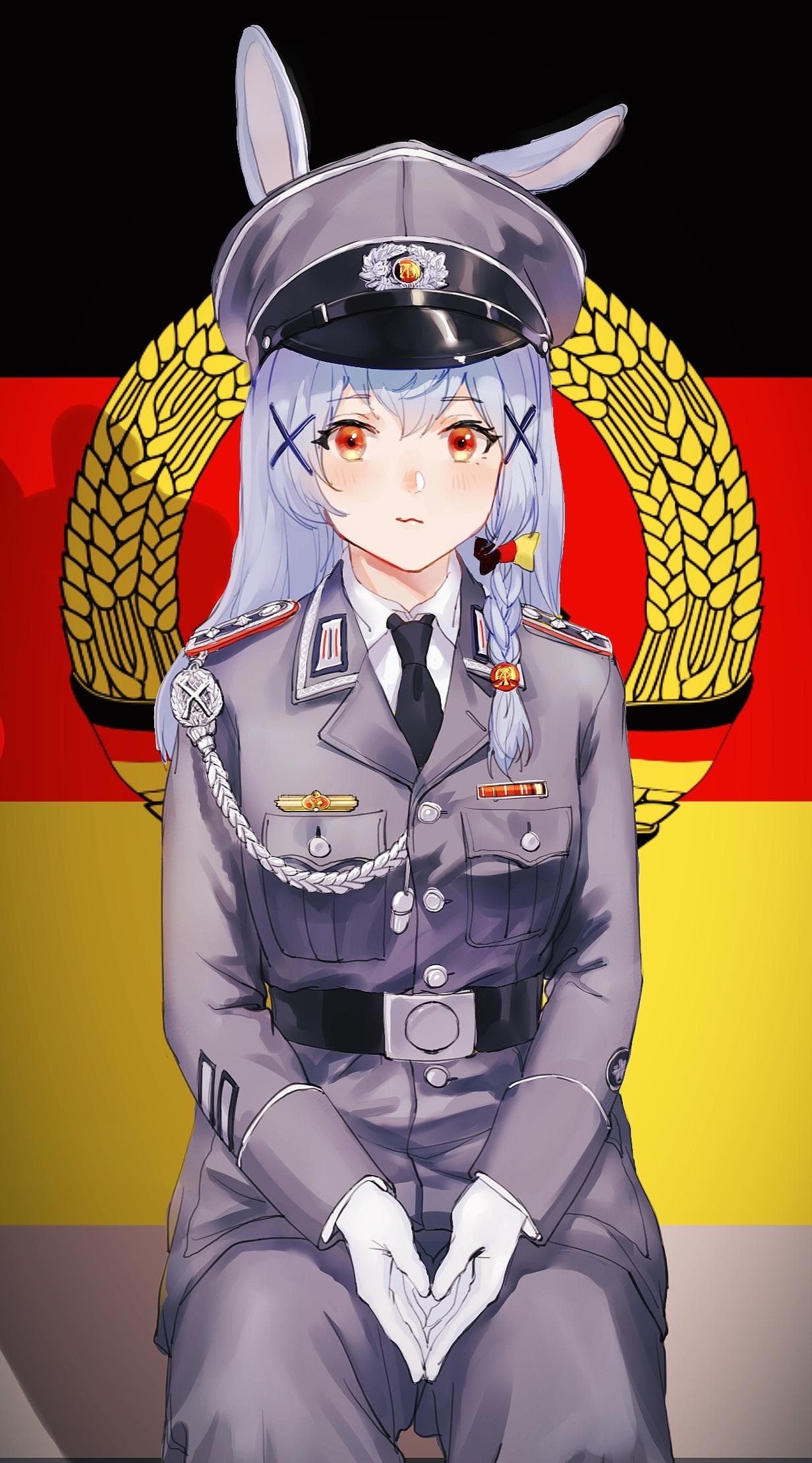 AI generated: Anime girl dressed in military uniform having a futanari bulge in her pants