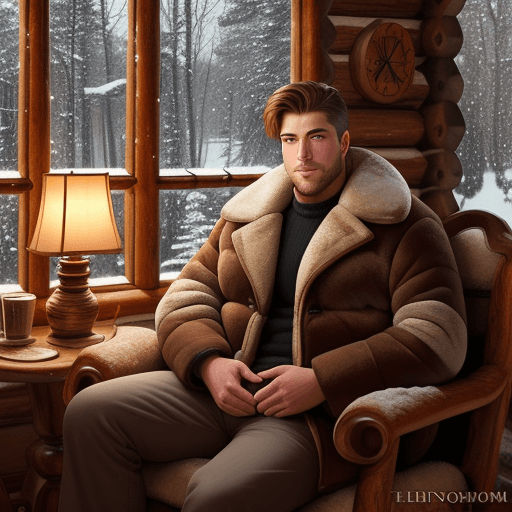 AI generated: Handsome man wearing a bulky fur coat, sitting in a warm log wood cabin, winter time, cozy scene, wa...