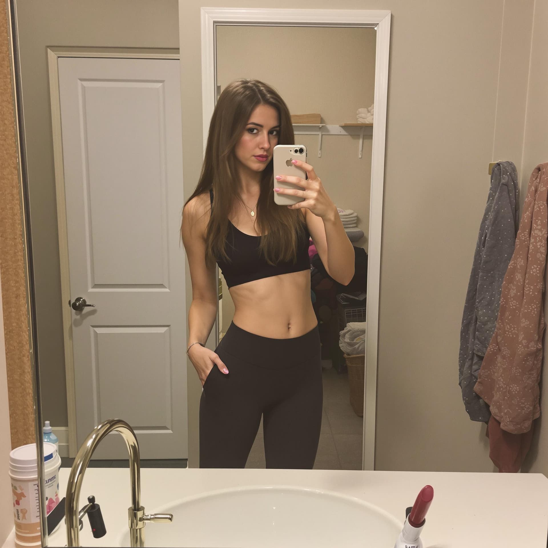 AI generated: the girl takes a photo with her phone of herself in the mirror, she has 24 years old, has straight b...