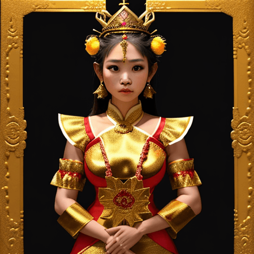 AI generated: The image shows a woman wearing a traditional Thai costume, adorned with ornaments and a crown on he...