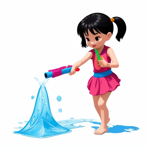 AI generated: Girl Thai playing with water gun, isolated, white background, cartoon style, no shadow, 4k, HQ