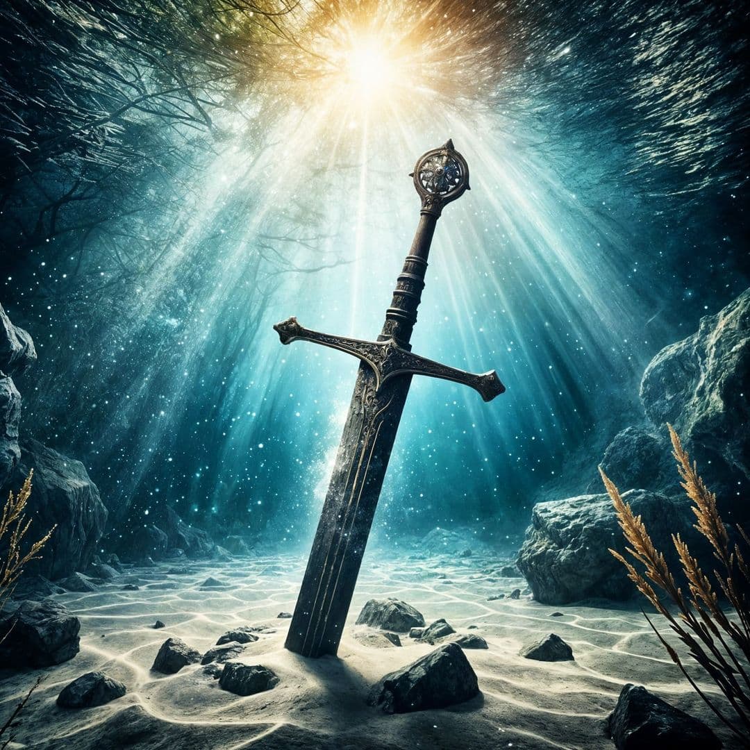 AI generated: A hyper-realistic digital image that depicts a sword resting at the bottom of a body of water, with ...