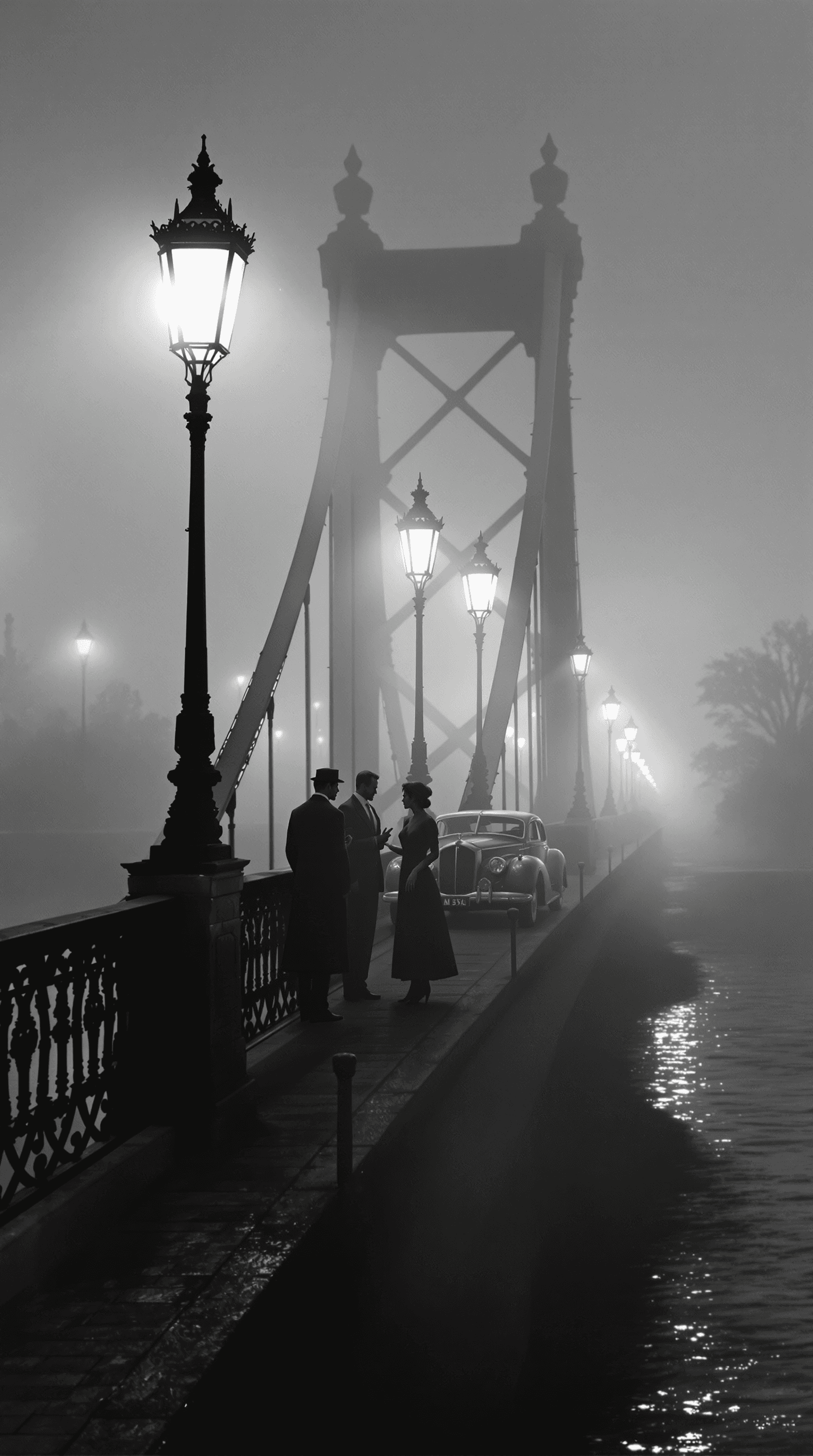 AI generated: a cinematic black-and-white noir scene of a vintage bridge shrouded in thick fog, illuminated by old...