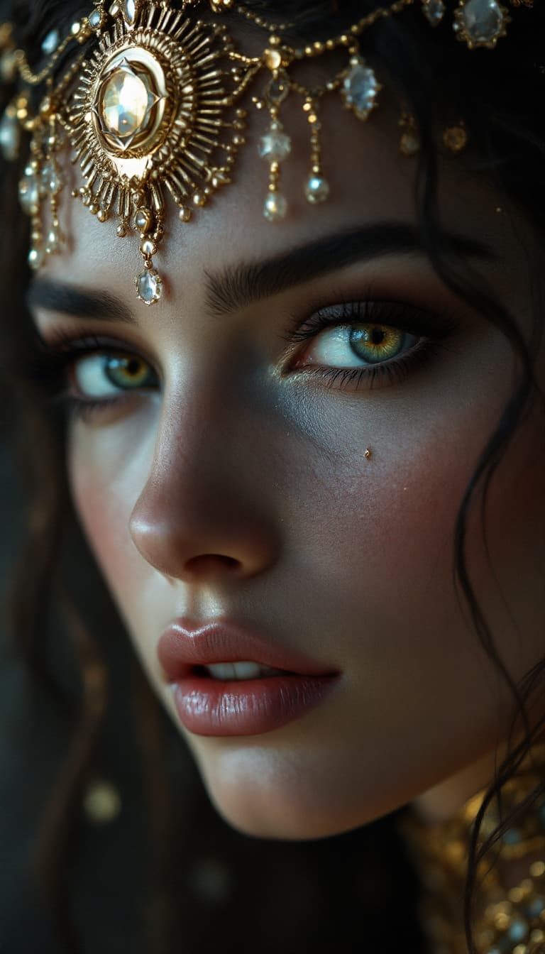 AI generated: The adornment of goddesses is shown in this portrait, in the style of photorealistic fantasies, dark...