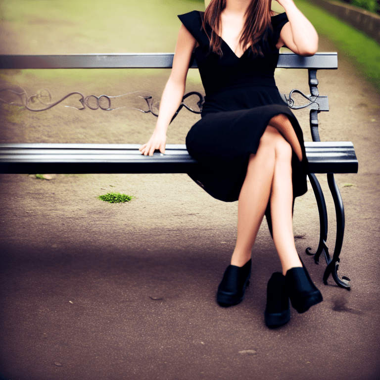 AI generated: Photo of a cute girl wearing a seductive black dress sitting on a bench at the park, daytime,