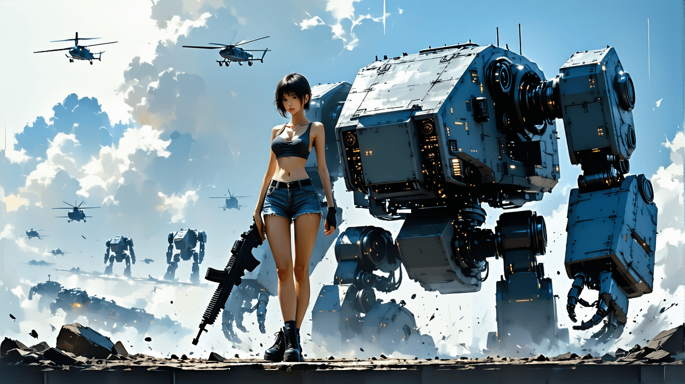 AI generated: In the style of Yoji Shinkawa, full body shot of a young beautiful European woman with gun and her l...
