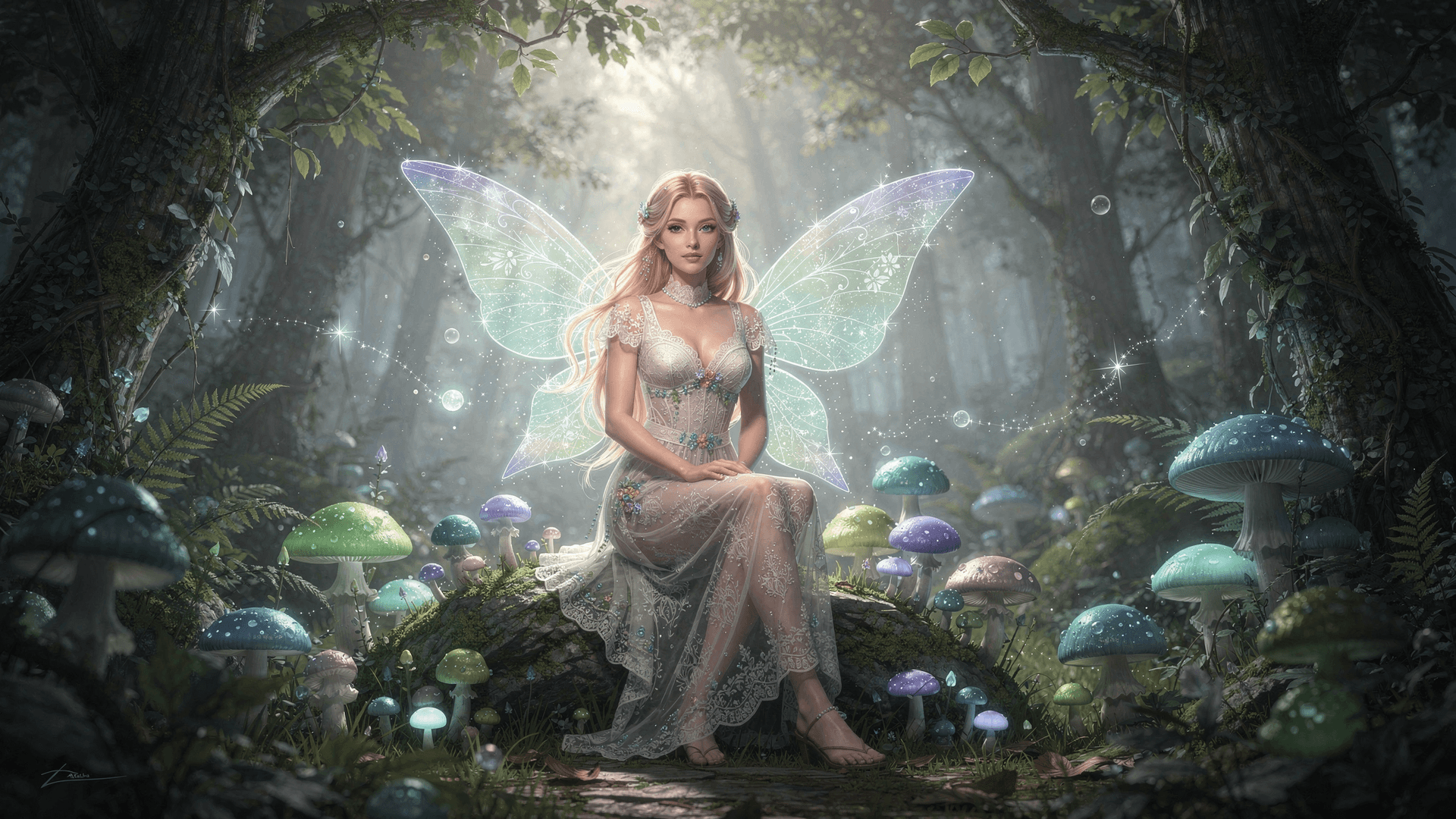 AI generated: (Ultra-high resolution,Hyper-detailed magical forest scene,Ethereal forest fairy with glowing wings:...
