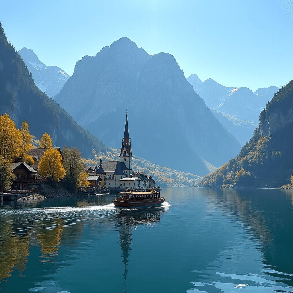 AI generated: [A peaceful alpine lake scene with a traditional electric tour boat gliding across crystal-clear wat...