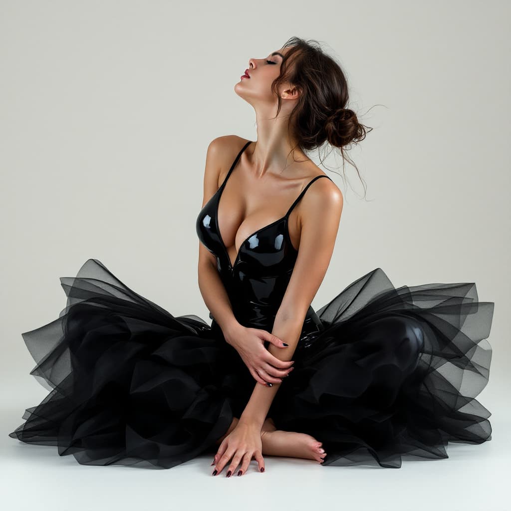 AI generated: passionate athletic ballerina showing off in shiny black , in the style of bold domestic intimacy an...