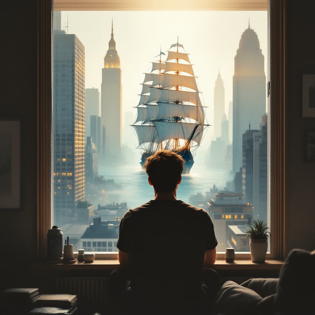 AI generated: A young man sitting by a window in a cozy, urban apartment, gazing thoughtfully at the city skyline....