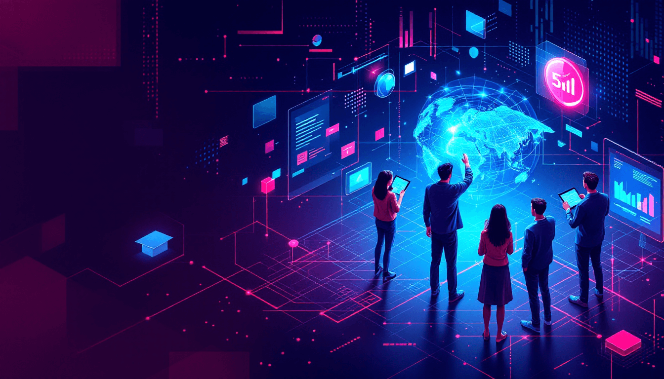 AI generated: A modern and dynamic banner with a vibrant digital background featuring abstract grids, pixels, and ...