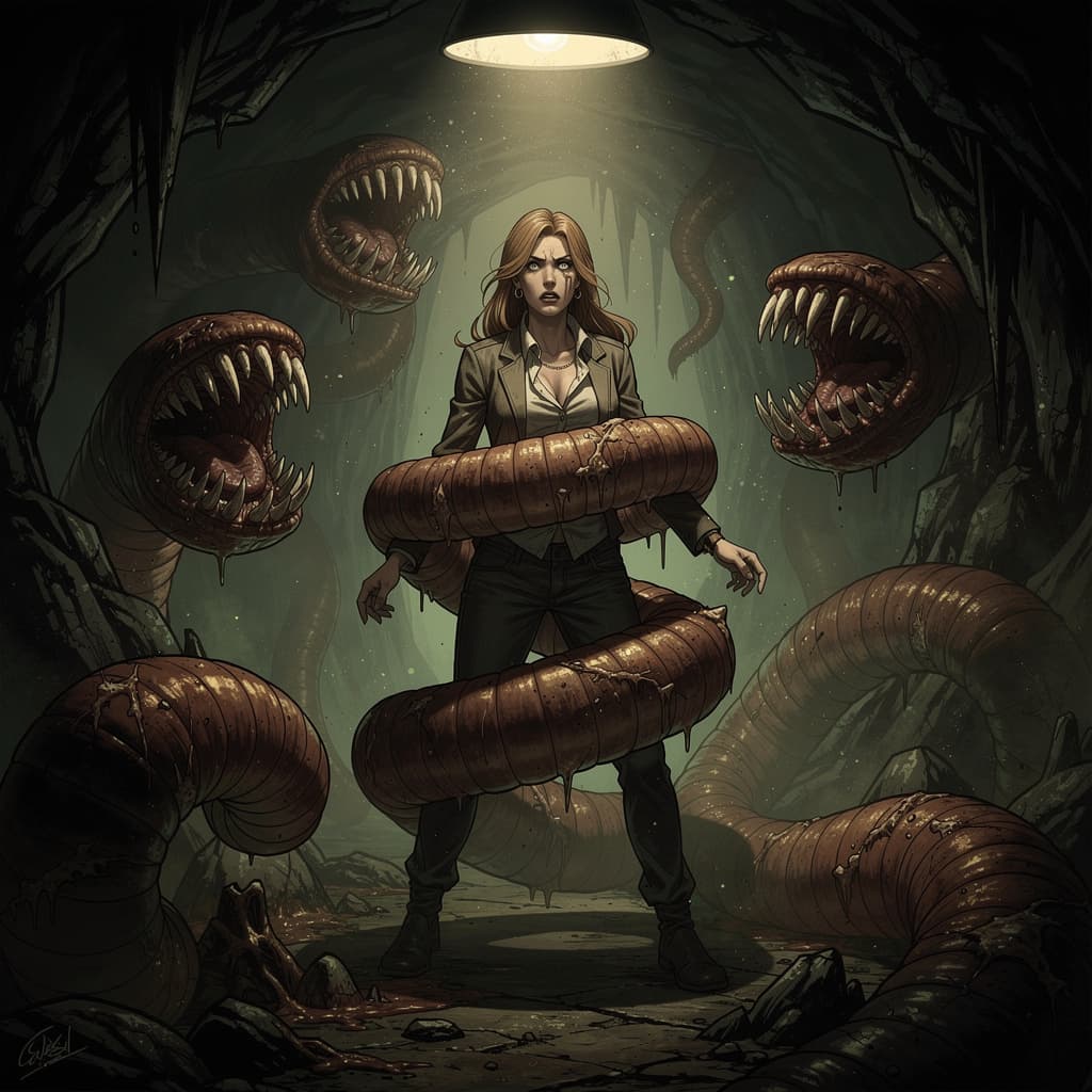 AI generated: A naked woman with giant worms sucks her breast and pussy. 