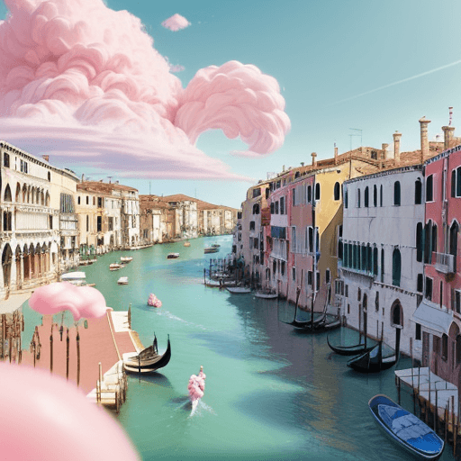 AI generated: realistic candy-style depiction of Venice landscape, the river is made of white chocolate and paved ...